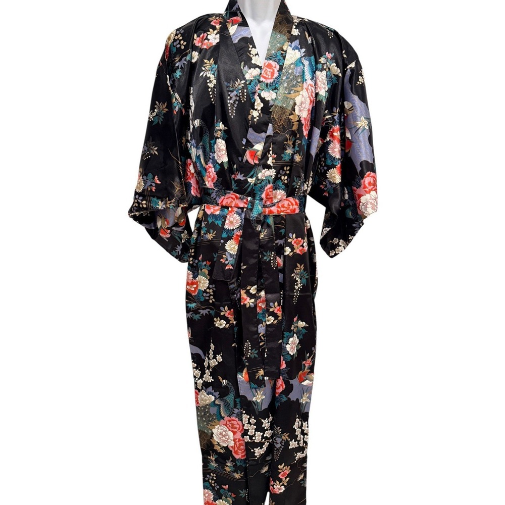 Vintage Ichiban Kimono Robe Black Floral Satin Japanese Dressing Gown Made Japan